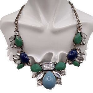 Vintage Etc! Green / Blue Rhinestone Acrylic Statement Bib Style Chunky Necklace